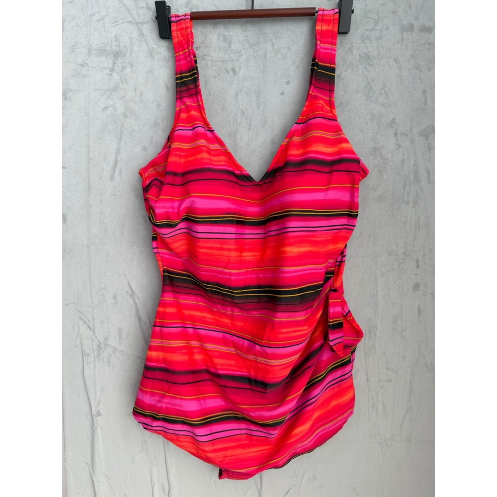 Miraclesuit Tie One Piece Swimsuit Barbiecore Women 20W Pink Striped‎ Slimming